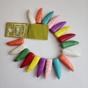 Multicolor reconstituted stone tooth bead, smooth spike pendant, 35x8mm